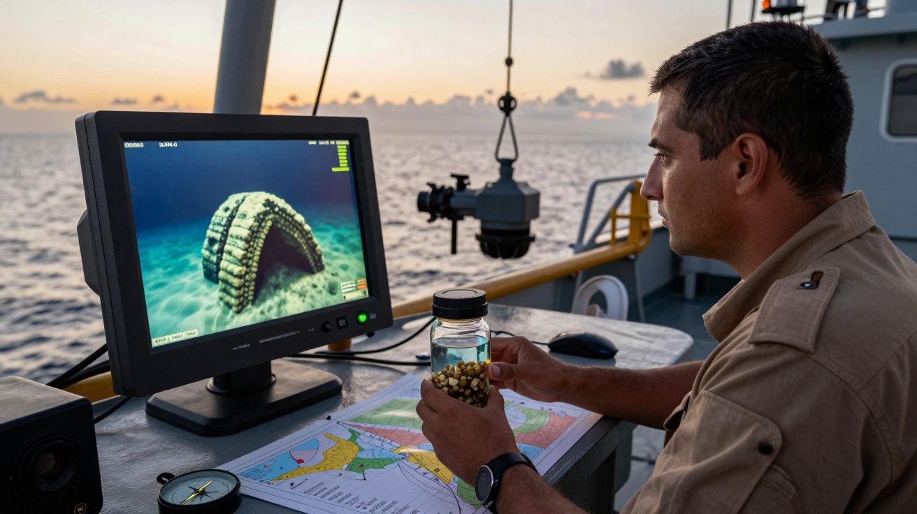 Homem num barco observa sonares num monitor, segurando um frasco sobressalente. O mar ao pôr do sol no fundo.
