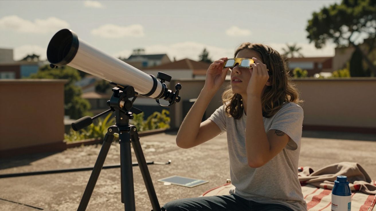 Menina com binóculos solares sentada ao lado de um telescópio num terraço ensolarado.