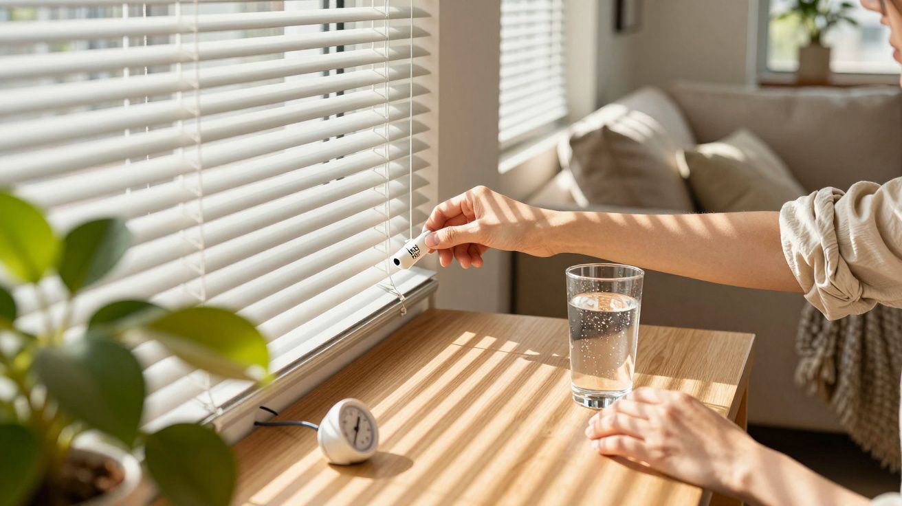 Pessoa ajusta estores numa sala iluminada pelo sol com relógio e copo de água sobre a mesa.