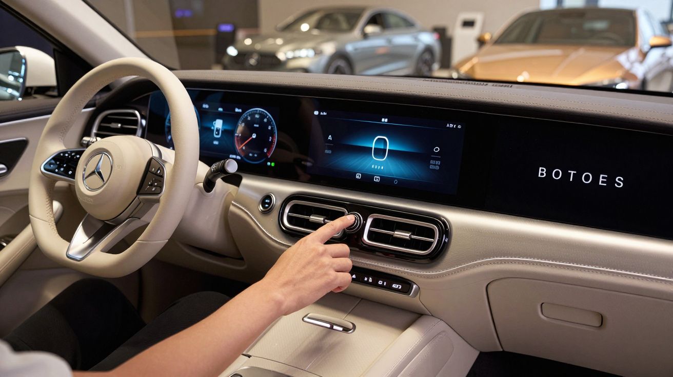 Pessoa a interagir com o painel tátil de um carro de luxo, com outros carros ao fundo em sala de exposição.