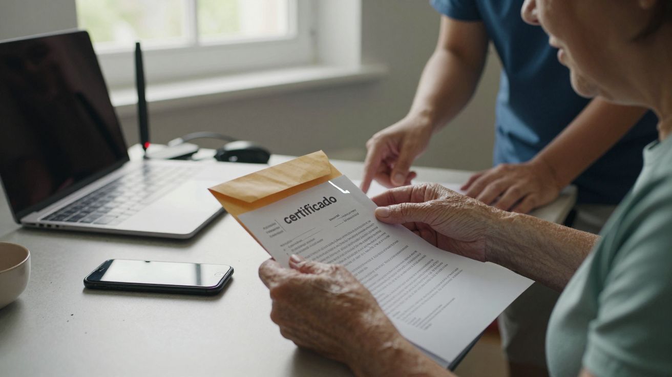 Pessoa idosa segurando um certificado, com um computador portátil aberto e um smartphone em cima da mesa.