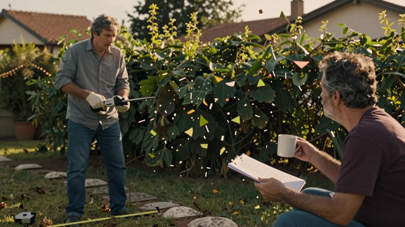 Homem corta arbustos no jardim enquanto outro observa com chá e caderno, rodeados por plantas e faíscas.