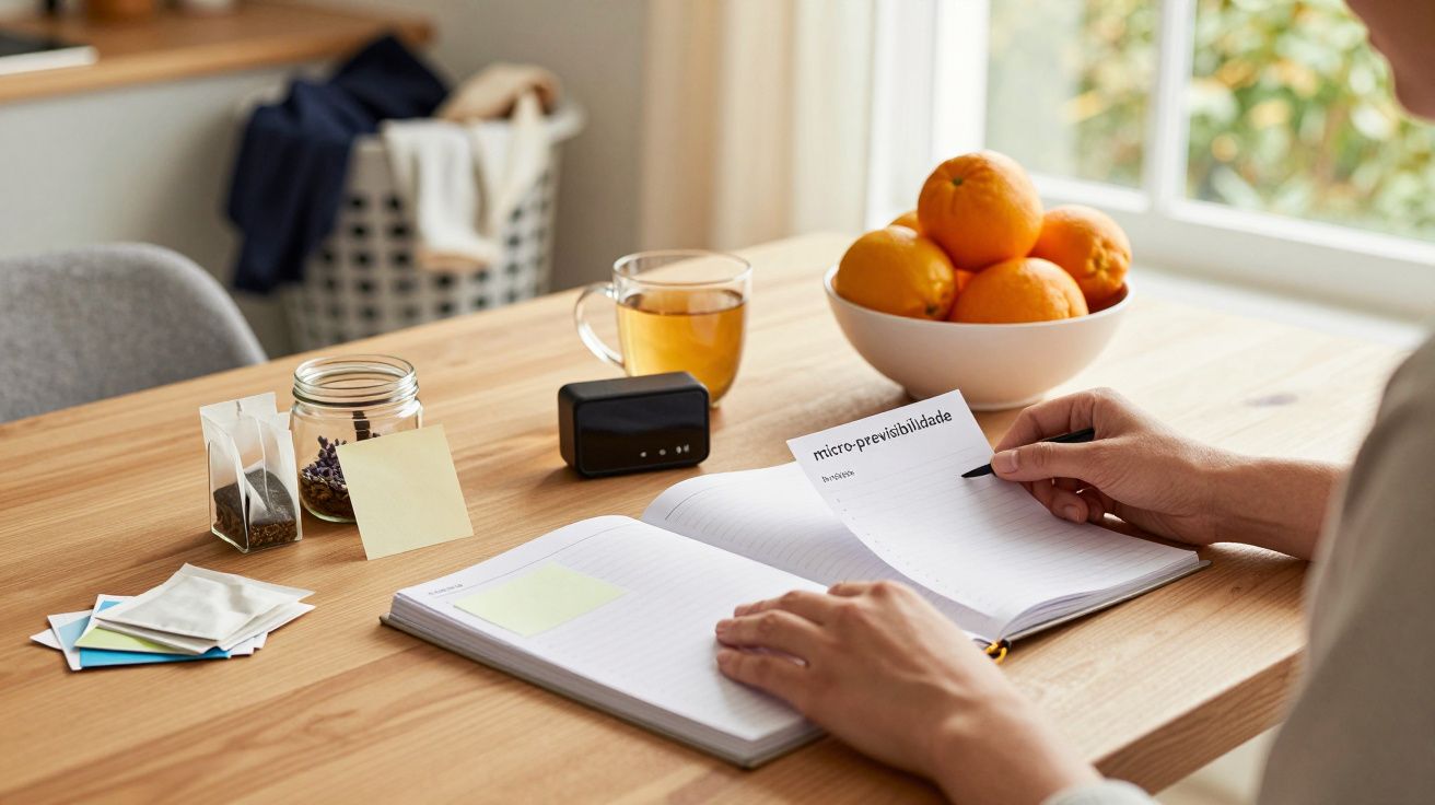 Pessoa escreve em caderno numa mesa com chávena de chá, laranjas em taça e pequenas embalagens de chá e ervas.