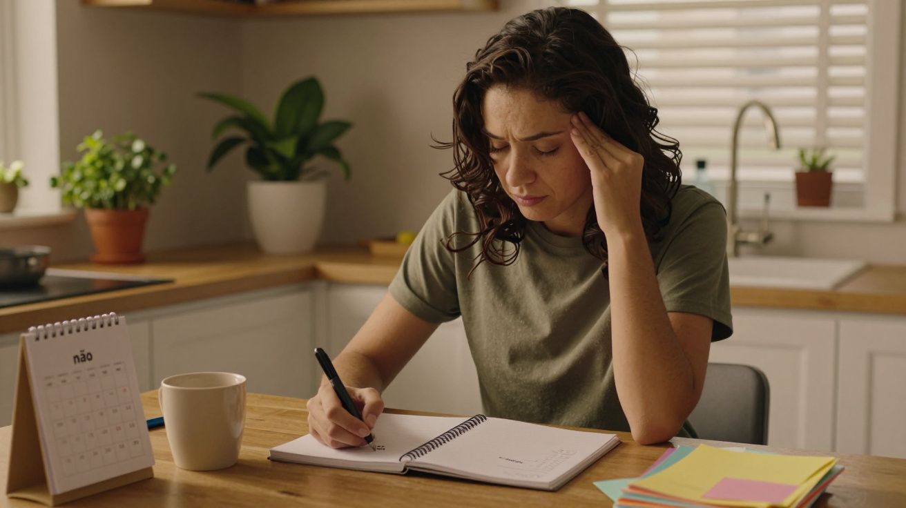 Mulher com expressão preocupada a escrever num caderno numa cozinha, com plantas ao fundo e um calendário na mesa.