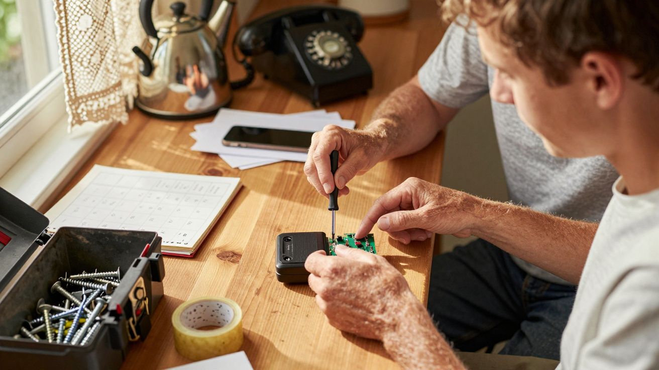 Duas pessoas consertam dispositivo eletrônico numa mesa de madeira, com ferramentas e um telefone antigo ao fundo.
