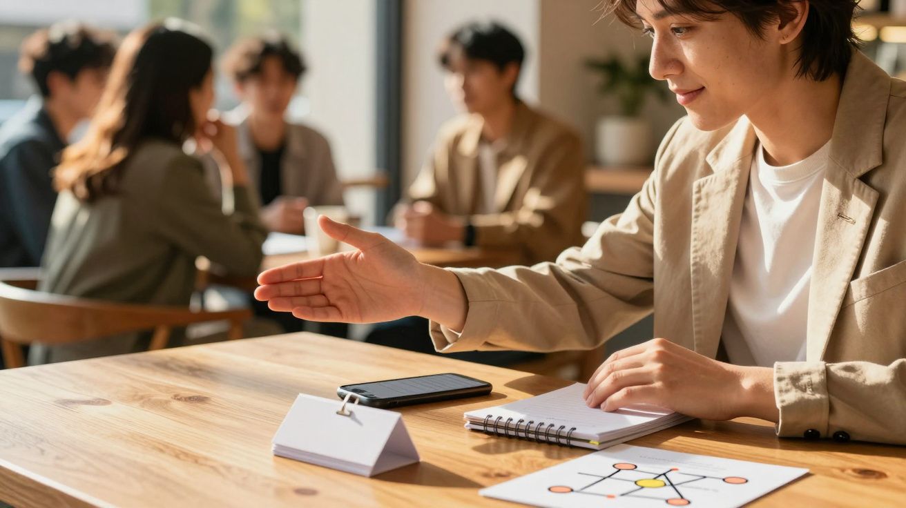 Pessoa extendendo a mão para um cumprimento em reunião, com grupo desfocado ao fundo e documentos na mesa.