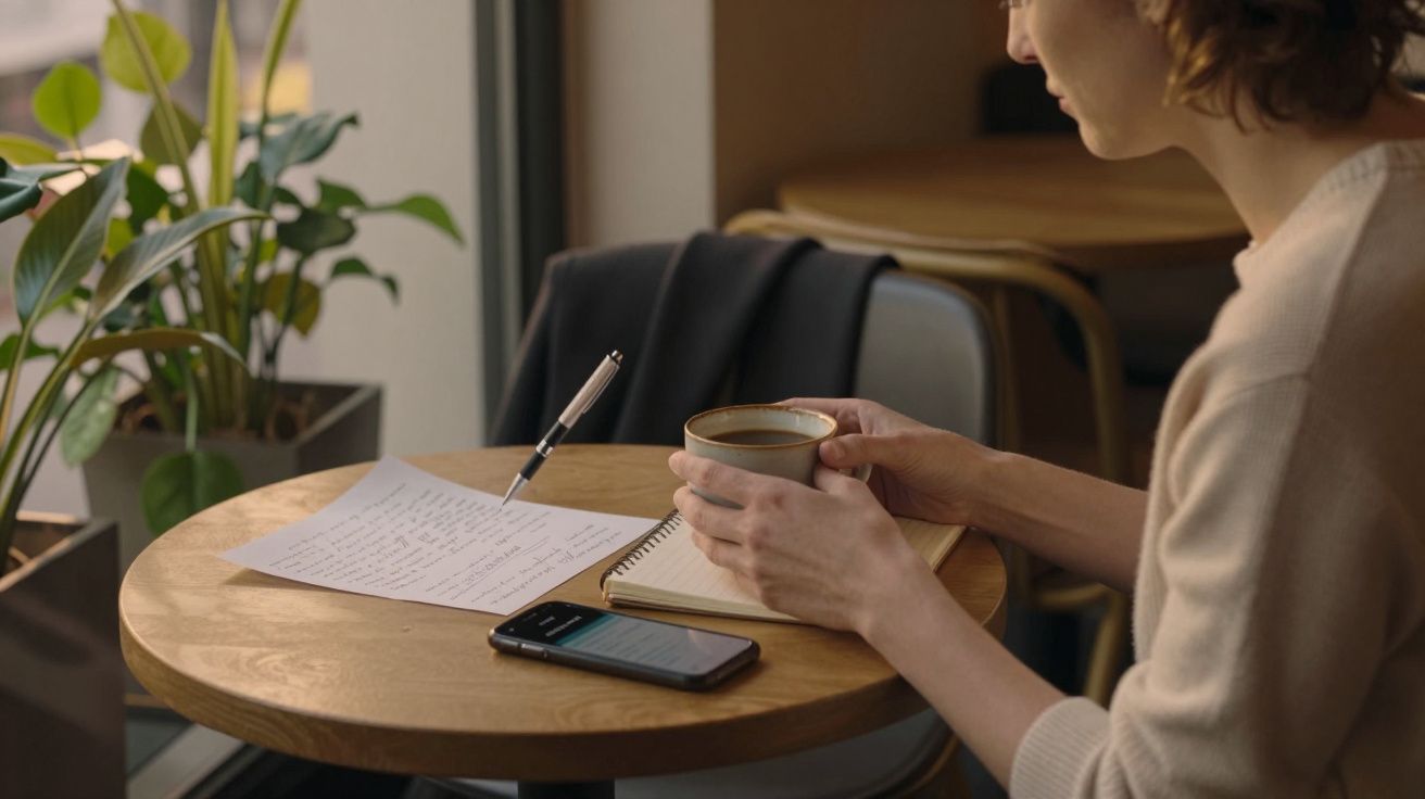 Pessoa segura chávena de café, com caderno, papel e telemóvel sobre a mesa, junto a uma janela e plantas.