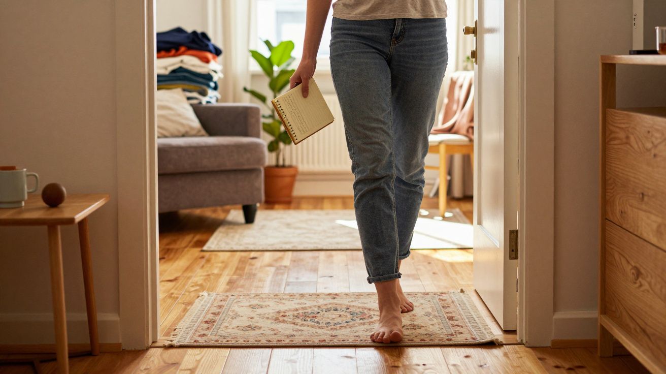 Pessoa descalça a andar em sala com piso de madeira, segura bloco de notas. Mobiliário ao fundo.
