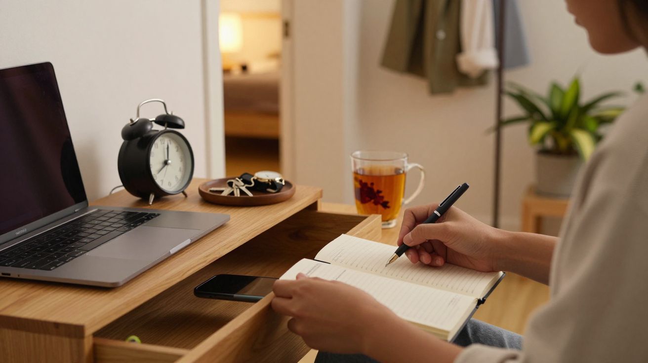 Pessoa a escrever num caderno numa mesa com portátil, chávena de chá, relógio e telemóvel.