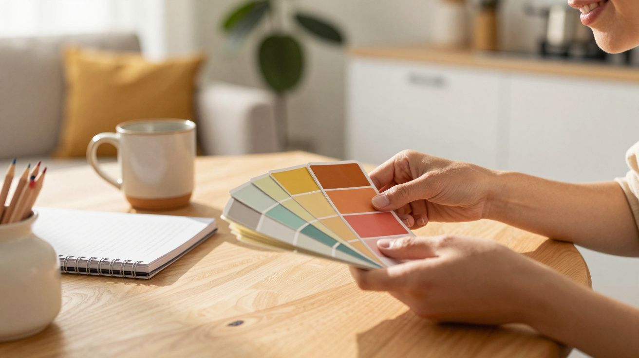 Pessoa segura amostras de cores na mesa, ao lado de um bloco de notas e uma chávena de café.