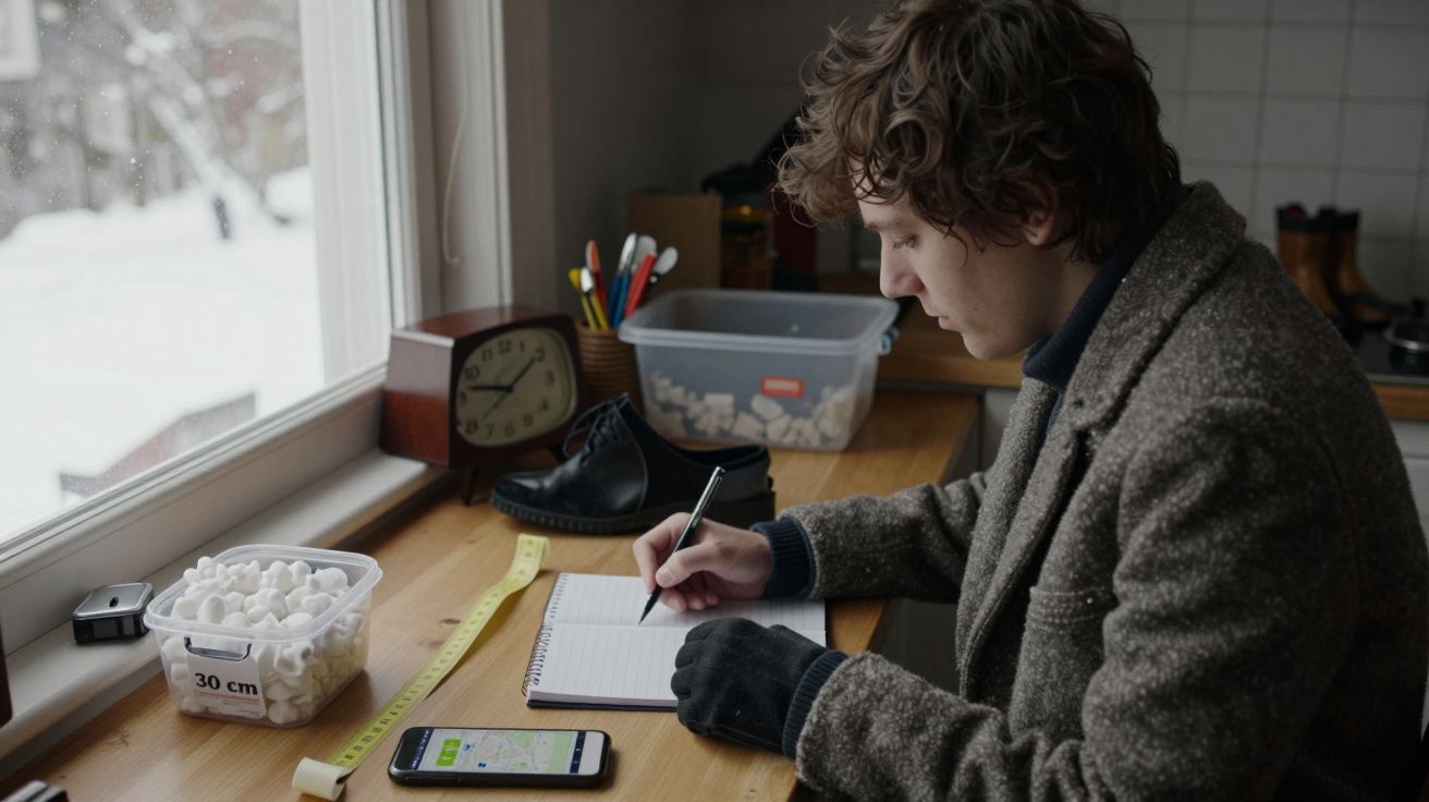 Homem a escrever num caderno junto a uma janela, com materiais de escrita e telemóvel sobre a mesa.