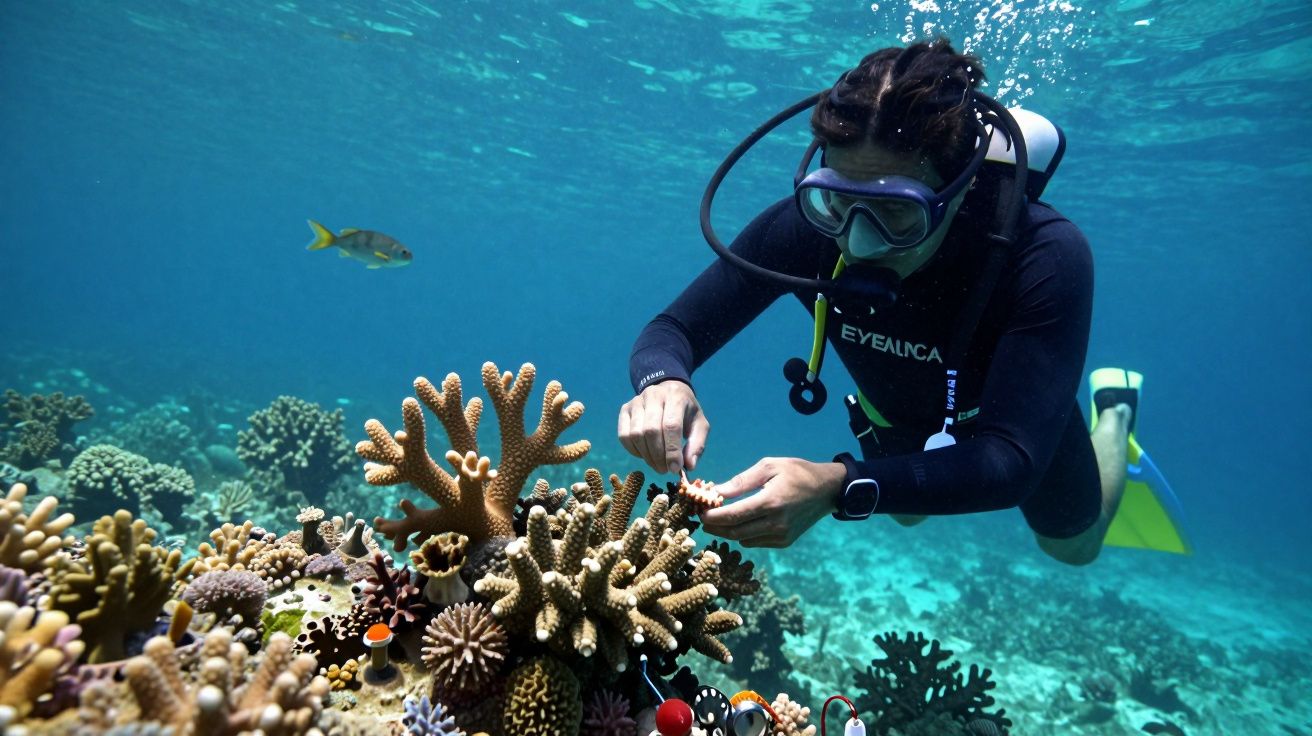 Mergulhador debaixo de água a examinar corais num recife, com equipamento de mergulho e peixes ao fundo.