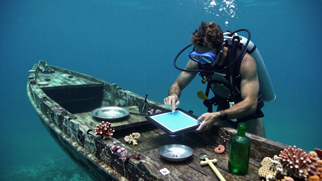 Mergulhador usa tablet em barco submerso, cercado por corais e objetos marinhos.