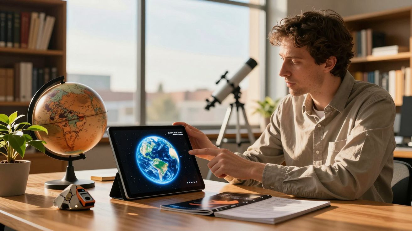 Homem observa imagem da Terra num tablet, ao lado de um globo e um telescópio, numa sala iluminada.