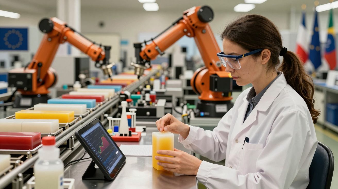 Mulher em laboratório analisa dados num tablet, ao lado de uma linha de produção automatizada com braços robóticos.