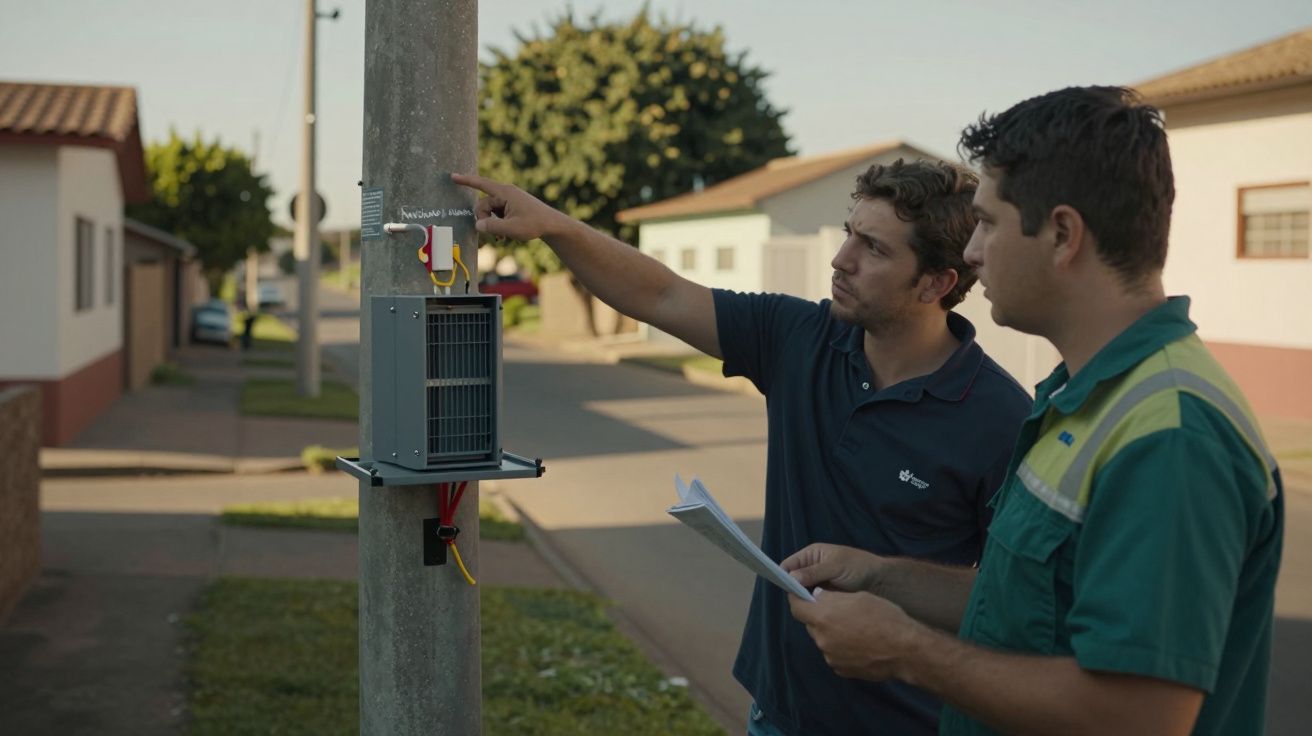 Dois homens verificam um equipamento de medição numa rua residencial, num poste de iluminação pública.