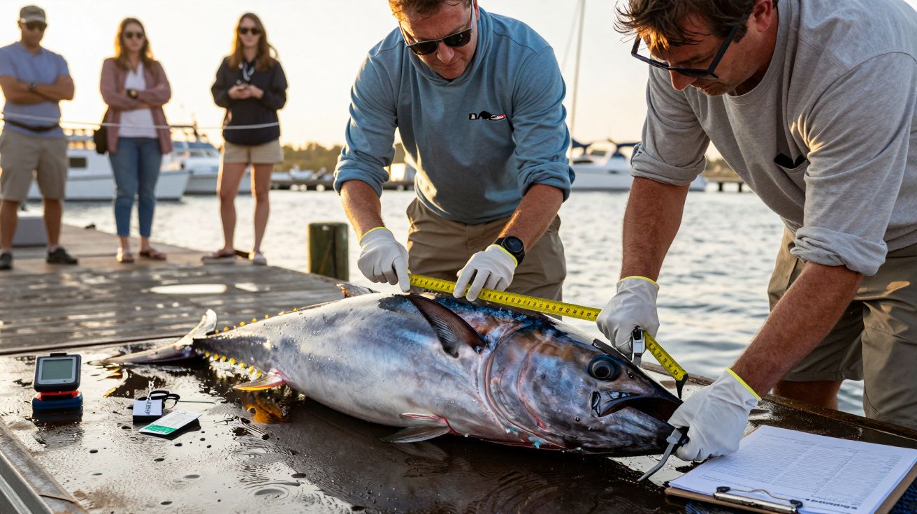 Dois homens medem um atum grande num cais, com pessoas e barcos ao fundo.