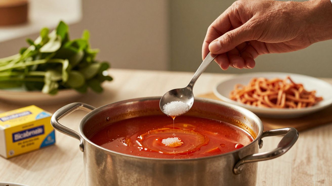 Mão adiciona sal a panela com molho de tomate, ao fundo ingredientes e espaguete sobre a mesa de madeira.