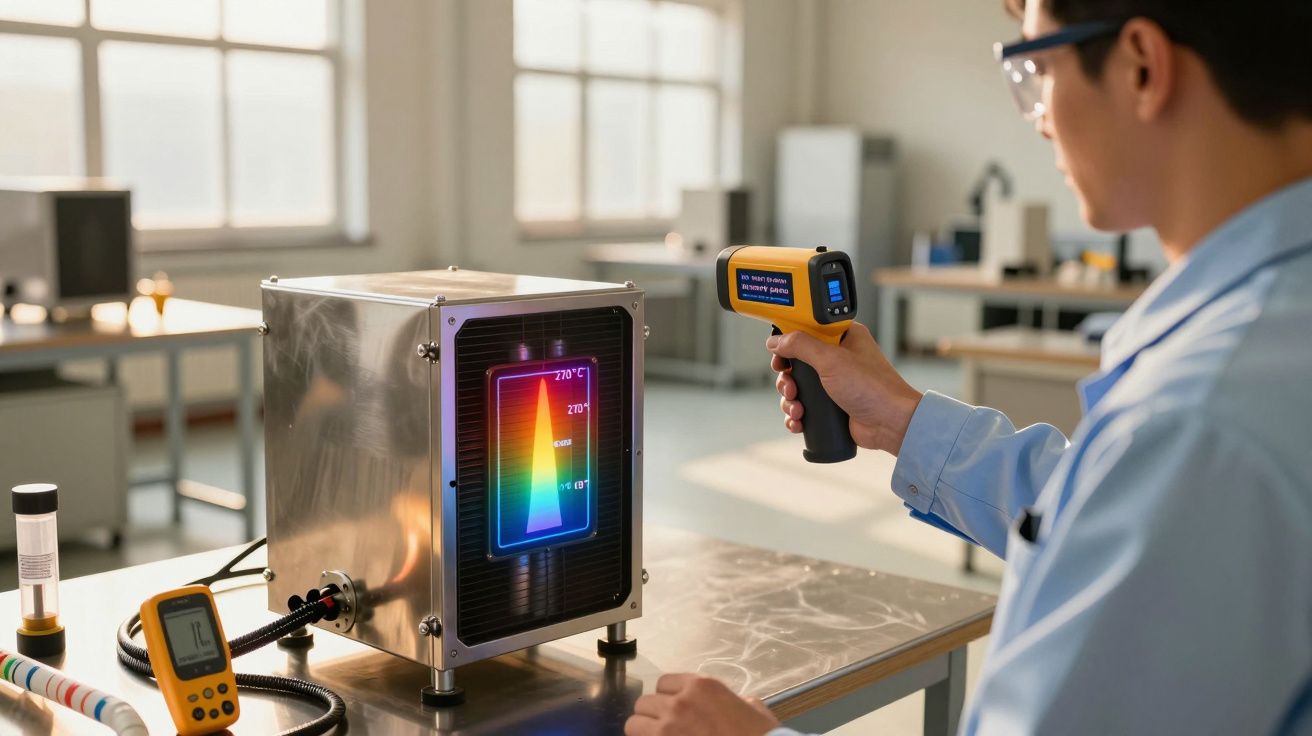 Cientista usa termómetro digital para medir temperatura de amostra numa câmara laboratorial com visor de calor.