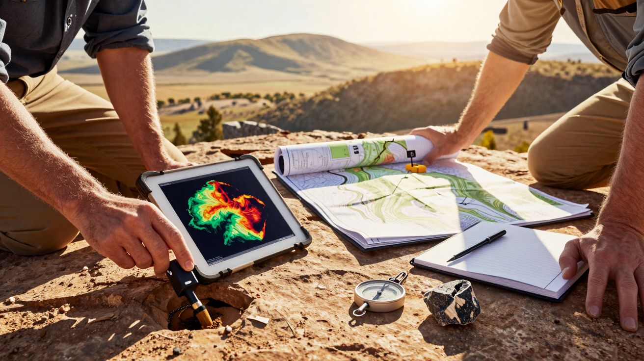 Geólogos analisam mapas e dados num tablet em campo com bússola e bloco de notas.