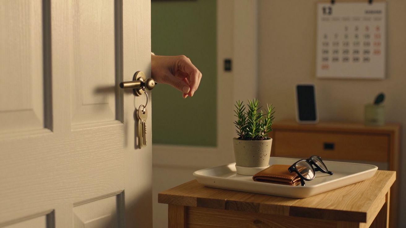 Mão abre porta com chave. Mesa com planta, óculos e carteira num tabuleiro branco. Calendário na parede ao fundo.