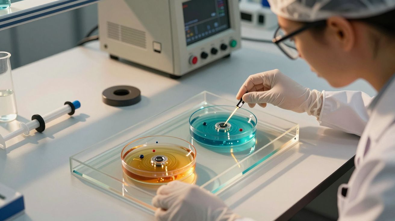 Cientista de laboratório utilizando pipeta sobre amostras em pratos de Petri coloridos sobre mesa equipada com dispositivos.