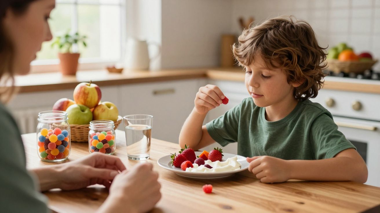 Criança come frutos vermelhos e iogurte numa cozinha, com um copo de água ao lado e frascos de doces na mesa.