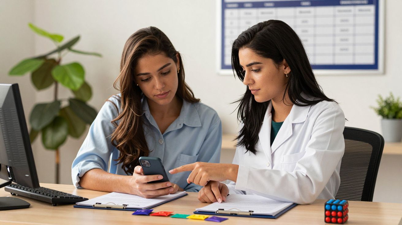 Duas mulheres numa reunião, uma em bata branca aponta para um telemóvel. Mesa com documentos e cubo Rubik.