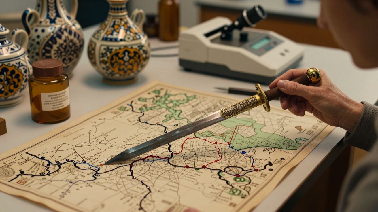 Mão segurando uma espada sobre um mapa antigo em mesa com frascos, jarros decorados e microscópio ao fundo.