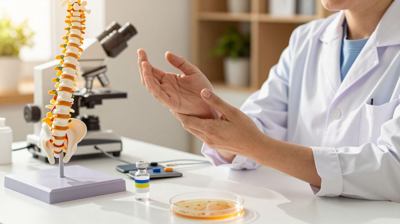 Médico a examinar mão, com modelo de coluna vertebral e ferramentas de laboratório ao fundo.