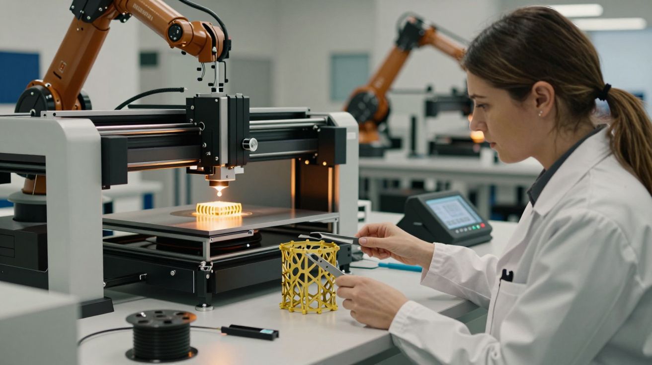 Mulher em laboratório usando impressora 3D com braço robótico, examinando peça em plástico amarelo.