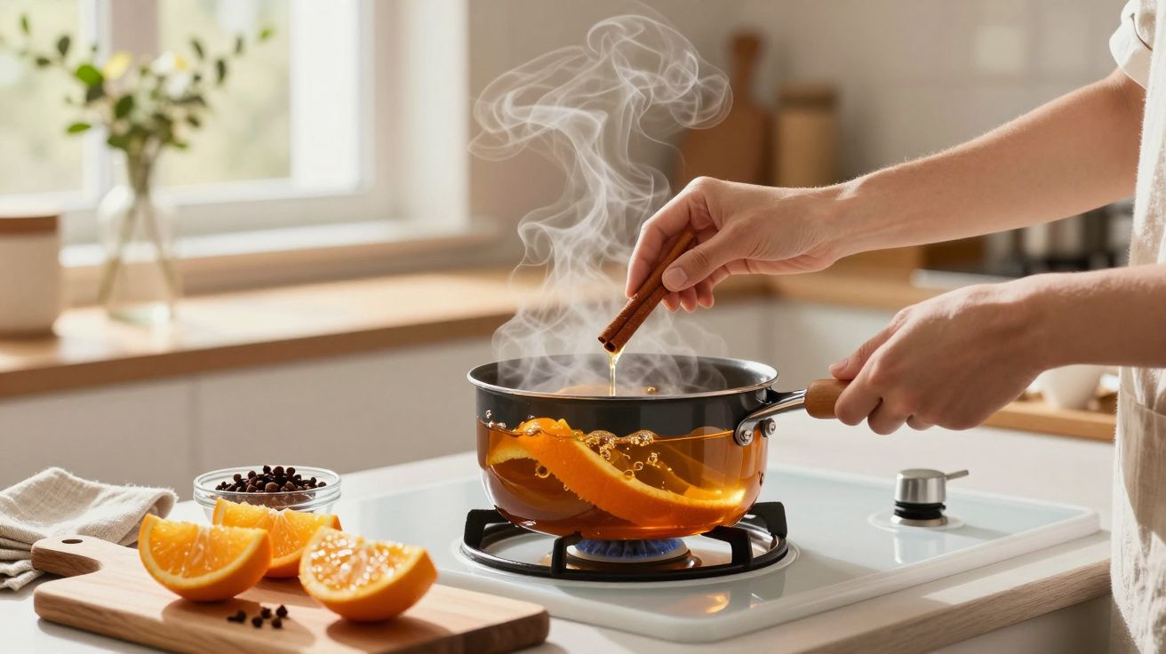 Mãos seguram pau de canela sobre panela a ferver, com laranja e cravinho, numa cozinha bem iluminada.