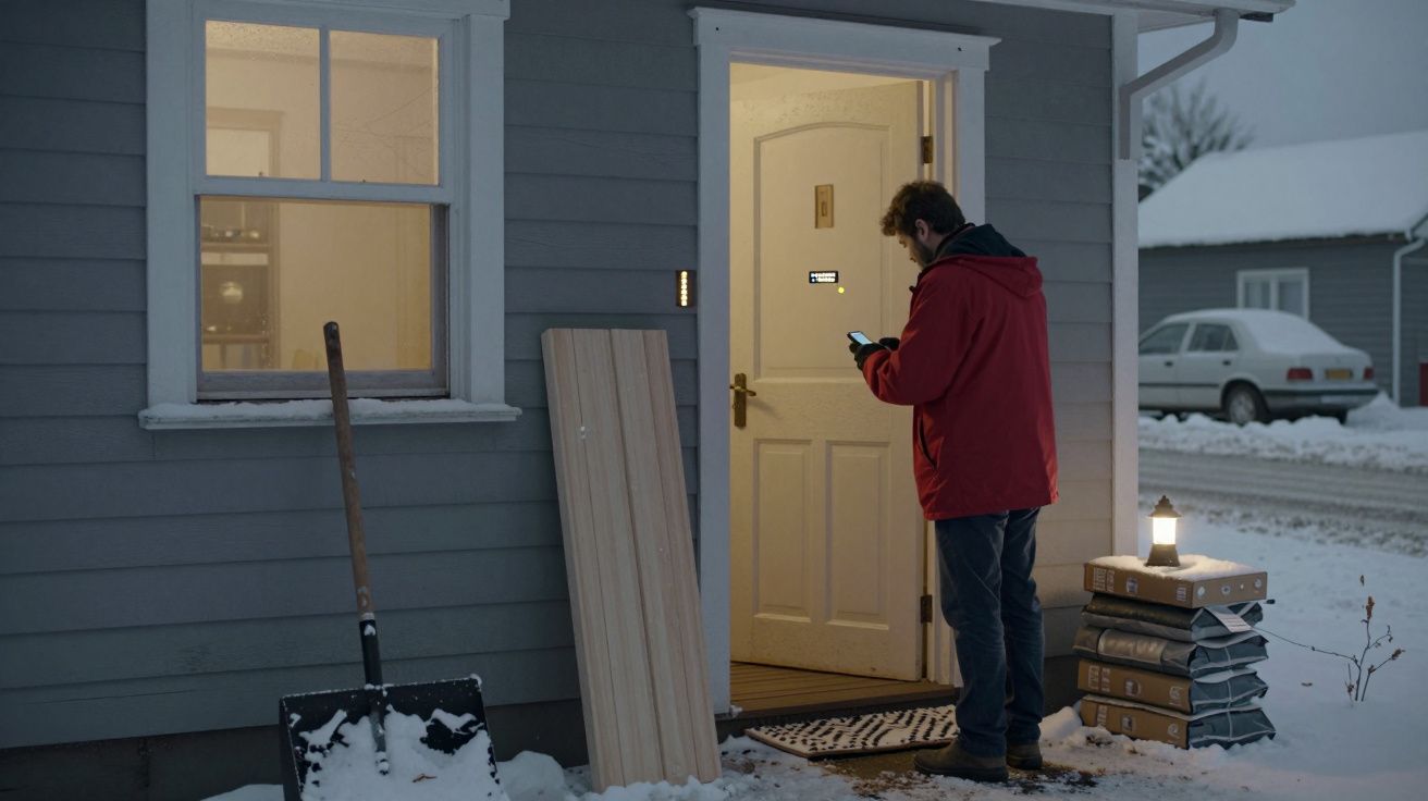 Homem em casaco vermelho verifica telemóvel à porta de uma casa com neve; pá e materiais de construção ao lado.