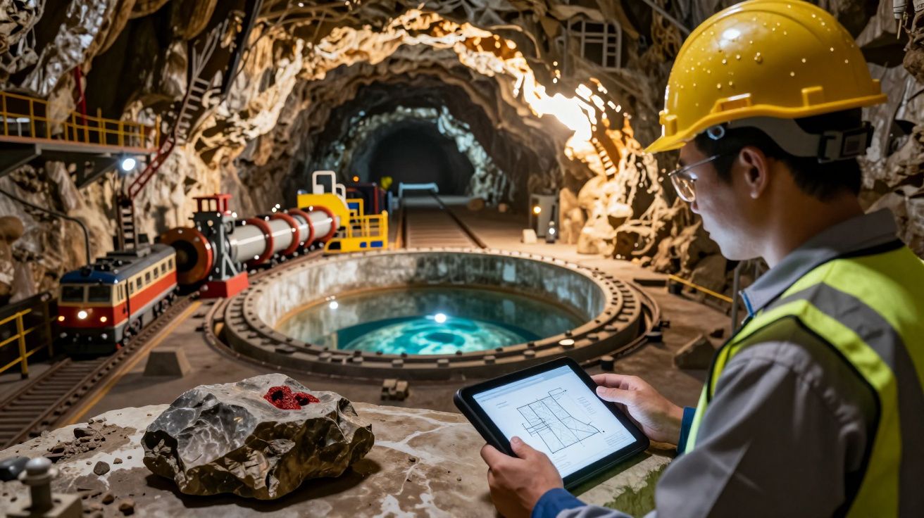 Trabalhador de capacete analisa dados em tablet numa mina iluminada, com equipamentos e um poço ao fundo.