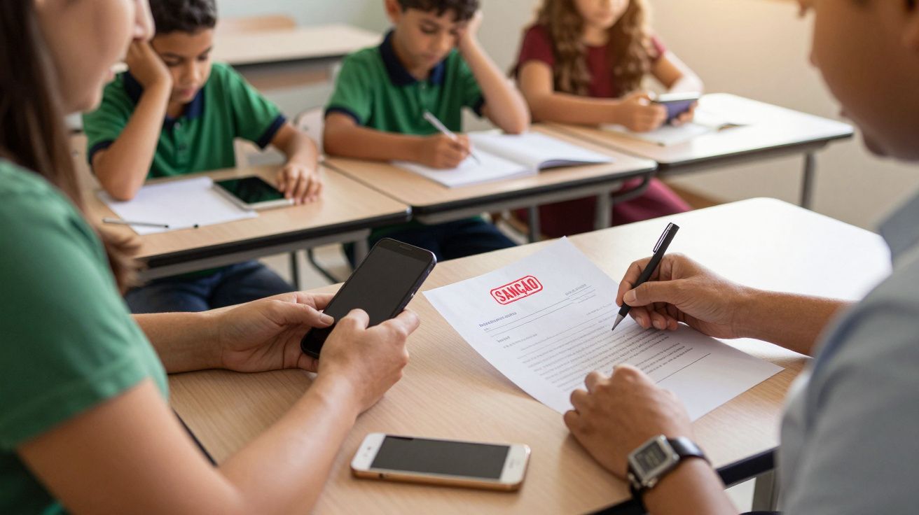 Adultos preenchem documentos numa sala de aula, enquanto crianças estudam ao fundo.