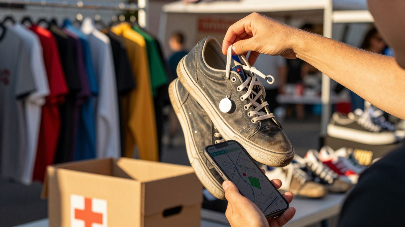 Pessoa segura ténis usados e um telemóvel com mapa, em mercado de rua com roupas e caixa de doações.