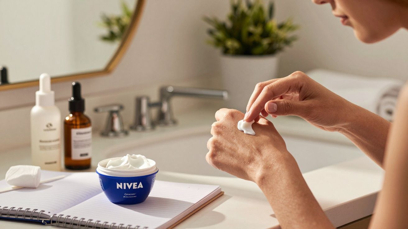 Pessoa aplica creme Nivea nas mãos, com frascos de cosméticos ao fundo, num ambiente de casa de banho.
