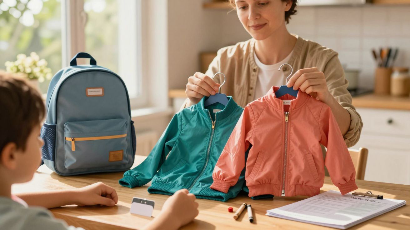 Mulher mostrando casacos infantis a uma criança sentada à mesa, com mochila e materiais escolares ao lado.