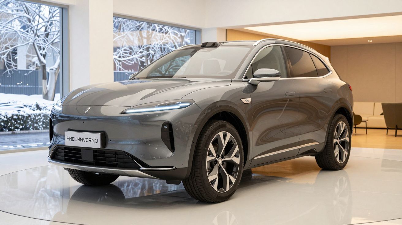 SUV cinza em exposição num showroom moderno com neve visível pelas janelas.