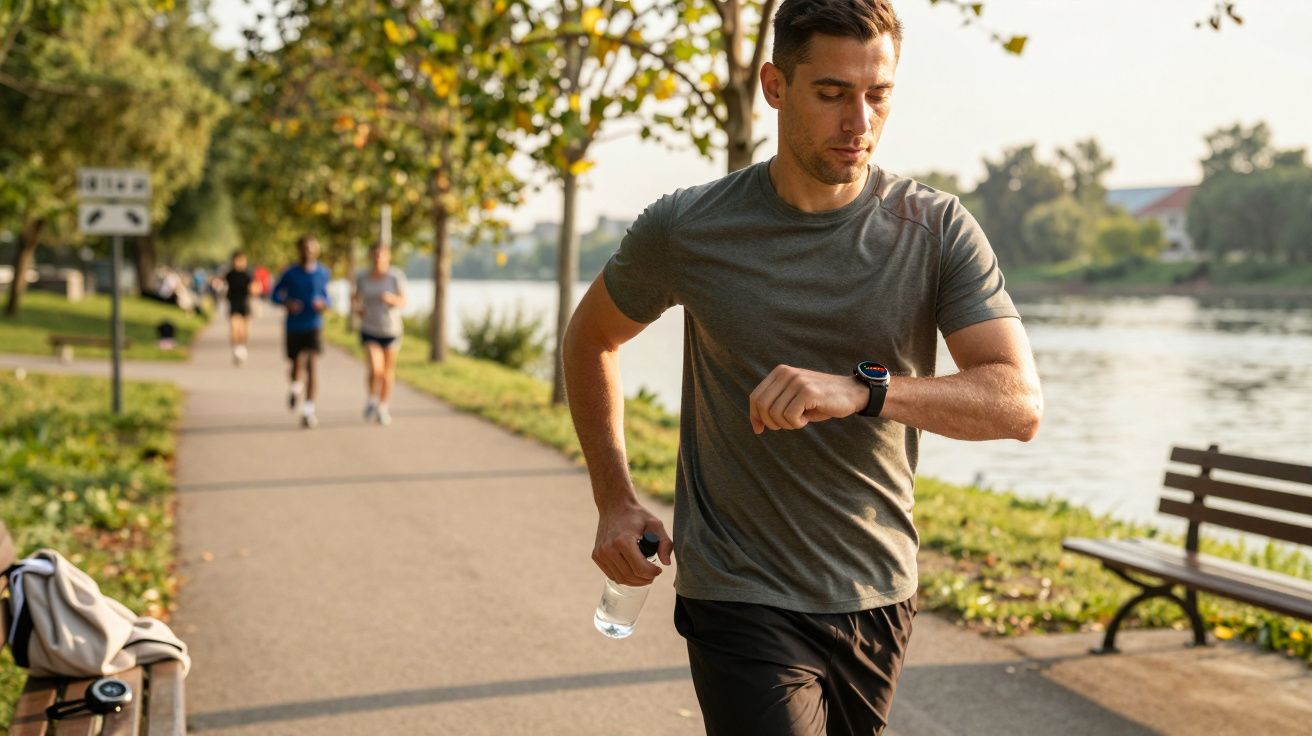 Homem a correr num parque junto ao rio, olhando para o relógio. Pessoas a correr ao fundo.