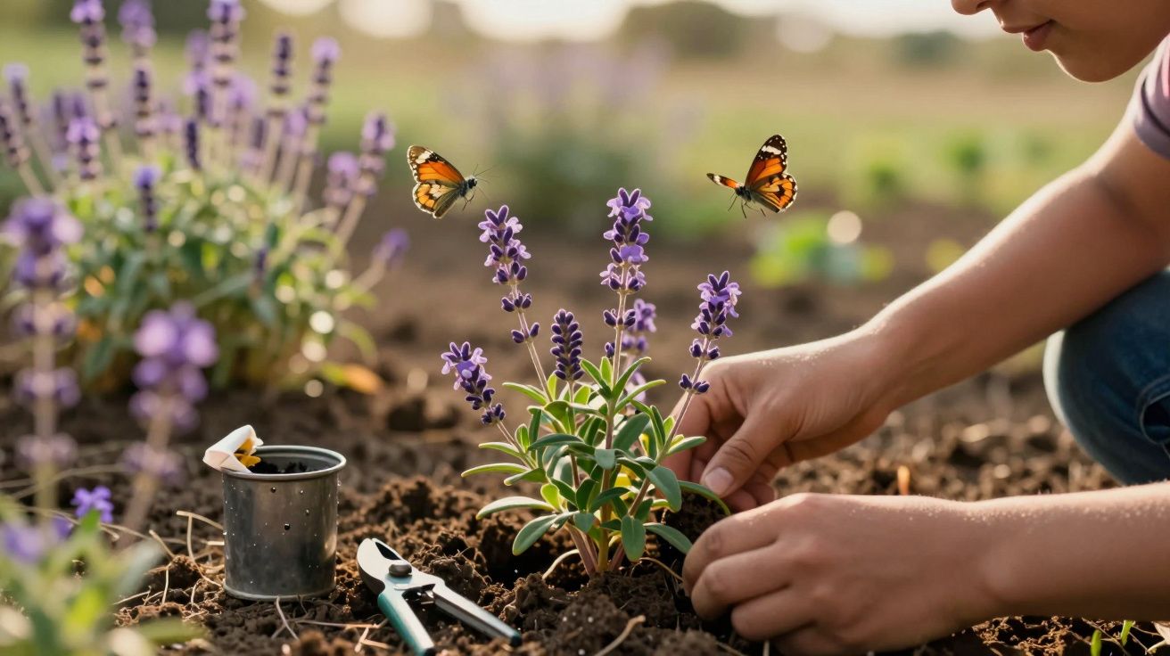 Pessoa a plantar lavanda no jardim, com borboletas a voar ao redor.