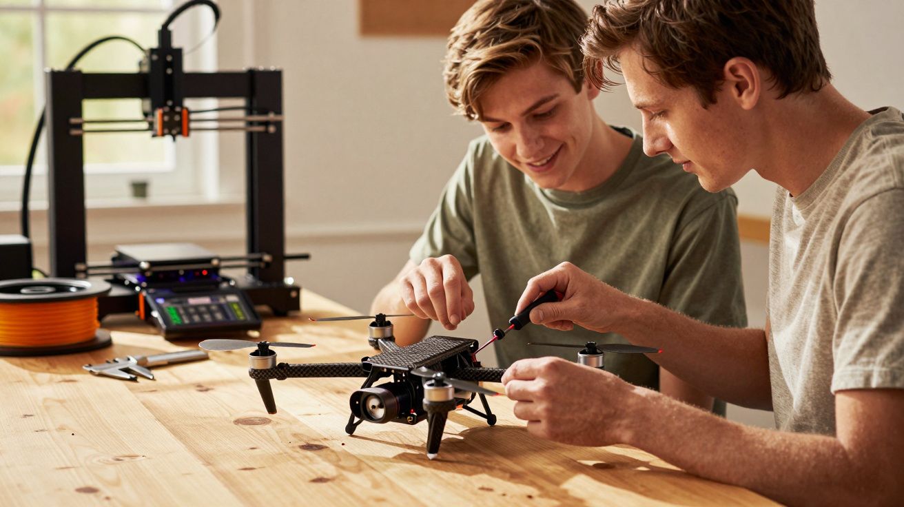 Dois jovens montam um drone numa mesa de madeira com impressora 3D ao fundo.