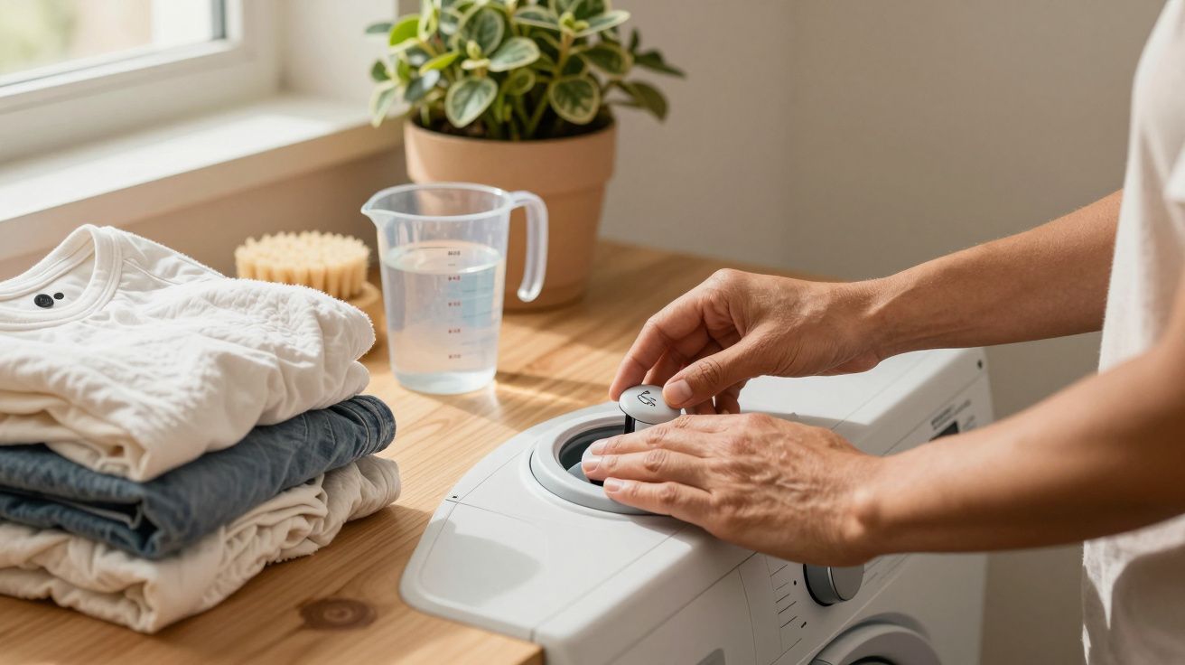 Mãos ajustando máquina de lavar roupa, com roupas dobradas e planta ao fundo.