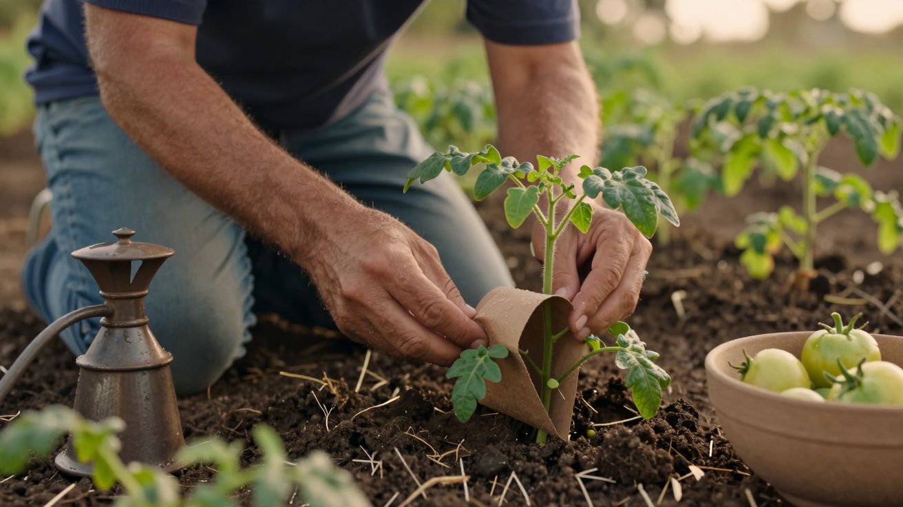 Pessoa a plantar muda de tomate num campo, com regador e tigela de tomates verdes ao lado.