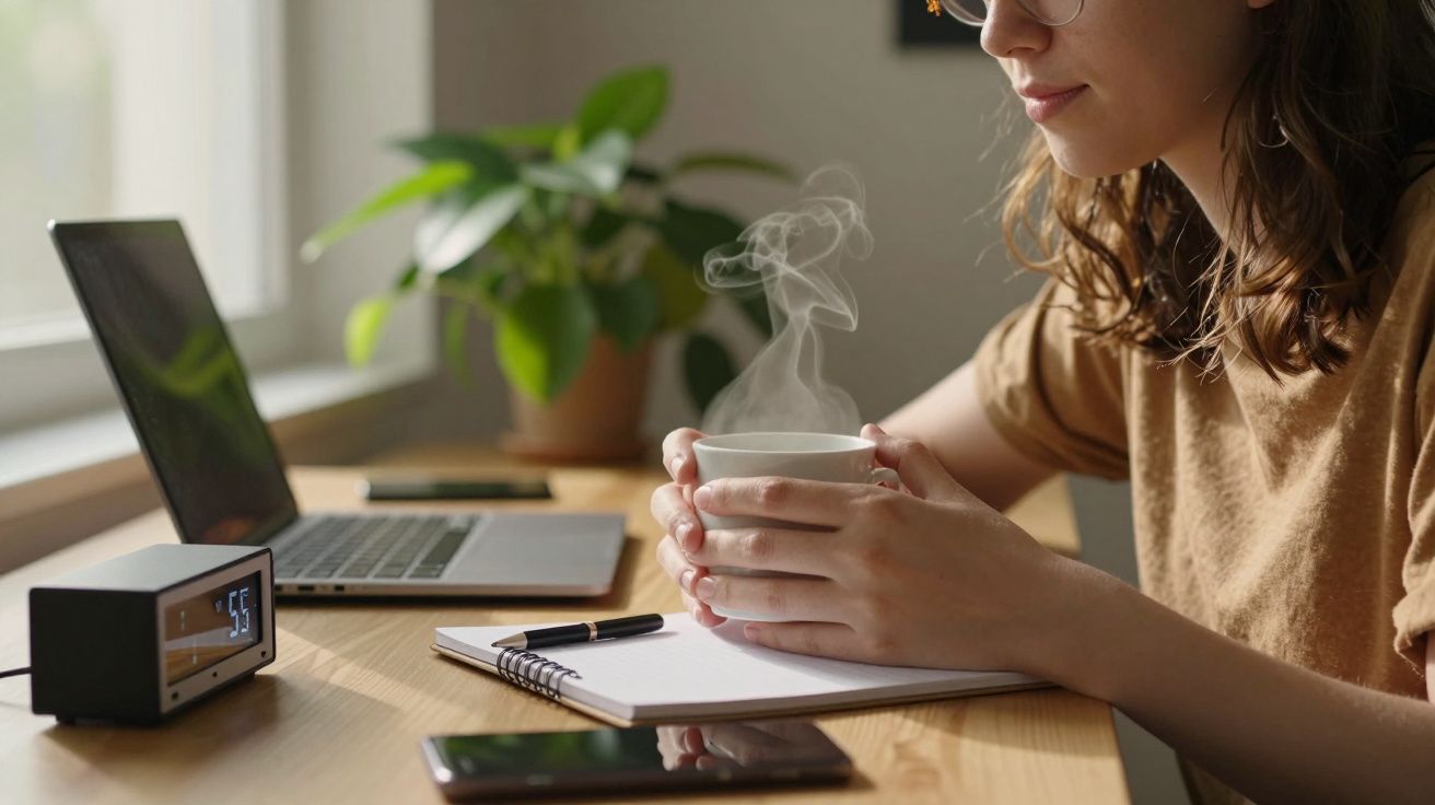 Mulher segura chá quente à secretária com portátil, bloco de notas e planta ao fundo.