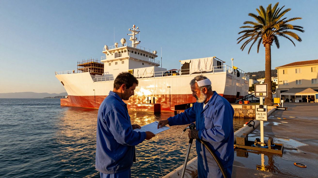 Dois homens de fato de macaco azul num cais, analisando papéis, com um navio ao fundo e uma palmeira ao lado.