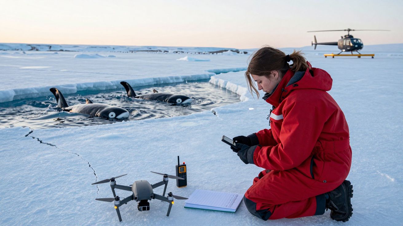 Mulher em fato vermelho na neve, usando dispositivos, com orcas no gelo e helicóptero ao fundo.