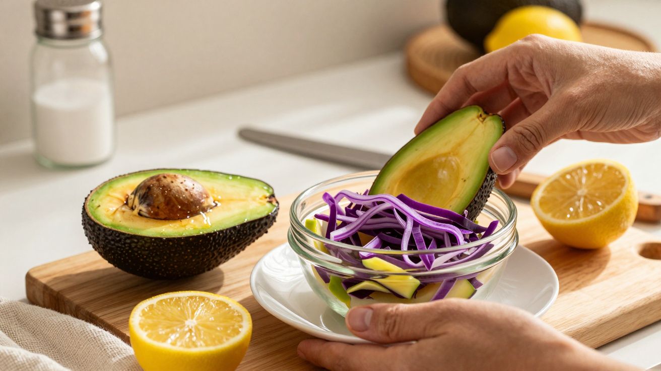 Mãos preparando salada com abacate e couve-roxa numa tigela, rodeada de limões e sal.
