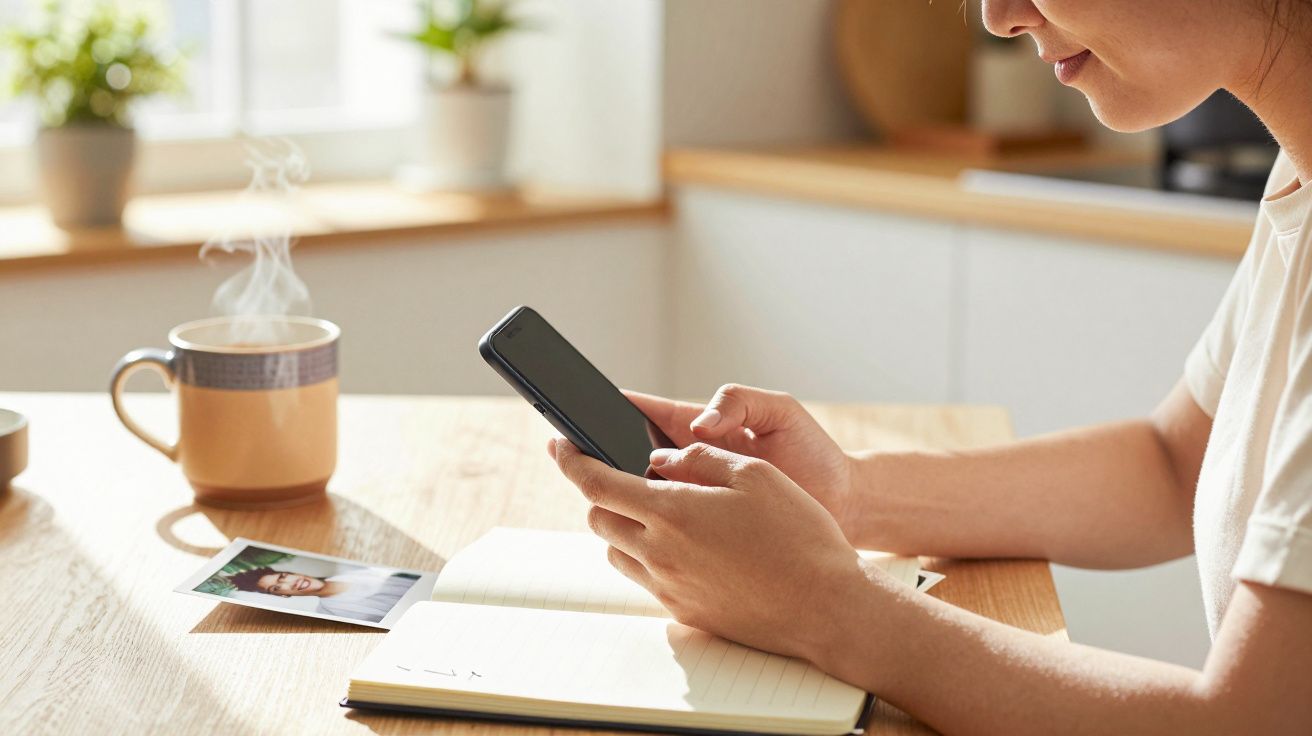 Mulher usando telemóvel à mesa com caderno, chávena fumegante e foto sobre a mesa.