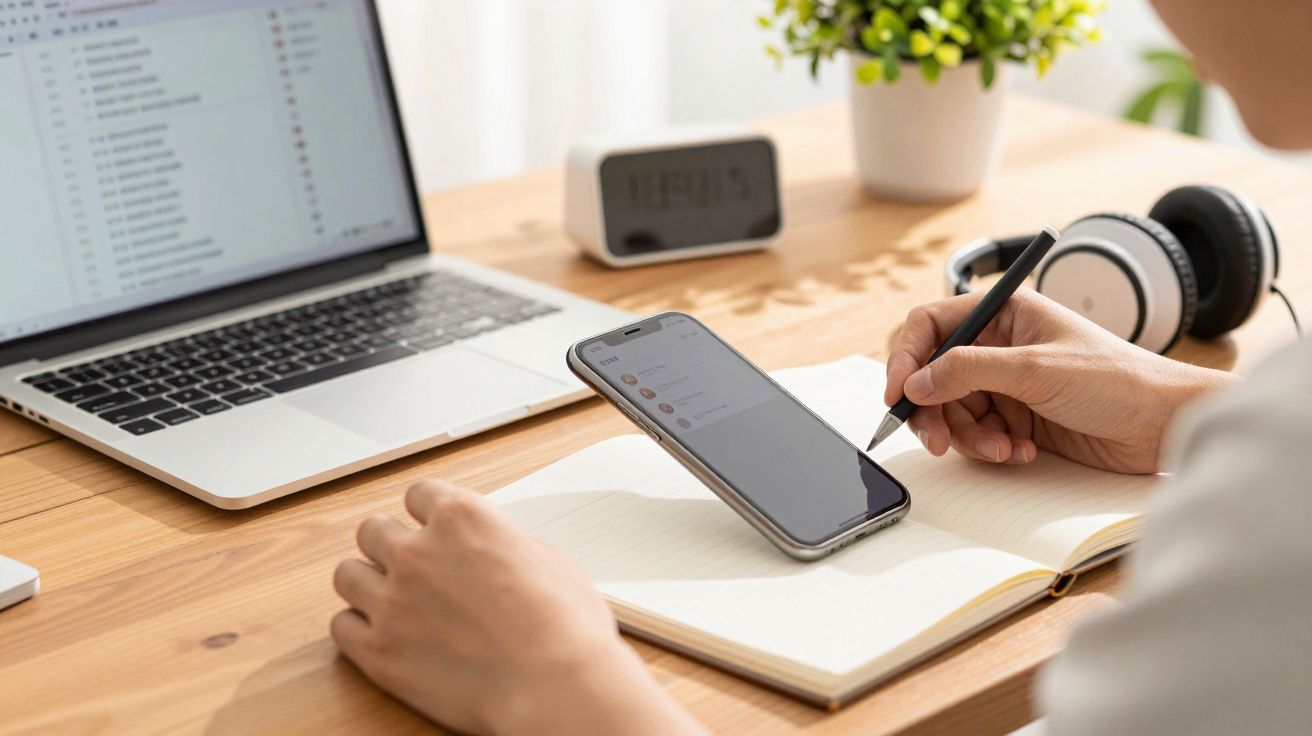 Pessoa usando smartphone e caneta em caderno, com portátil, relógio, fones de ouvido e planta sobre mesa de madeira.